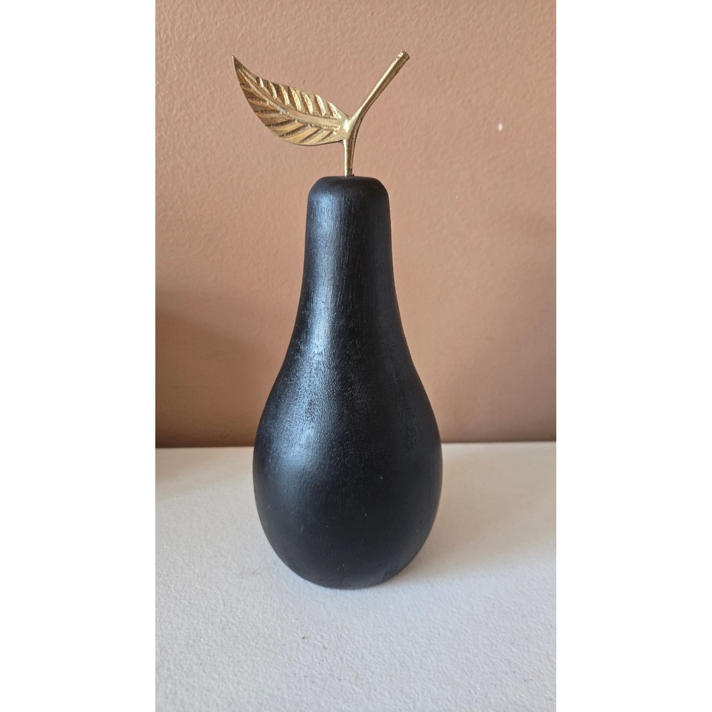 Black Wooden Pear Decor Brass Leaf Stem Modern Farmhouse MCM 10"